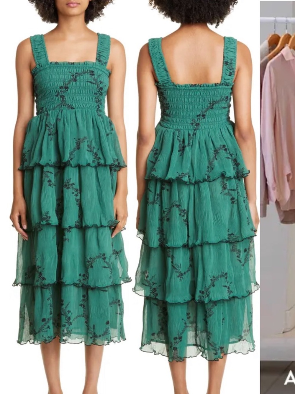 GANNI Green Tiered Smocked Georgette Maxi Dress with Black Floral Embroidery - Picture 1 of 2
